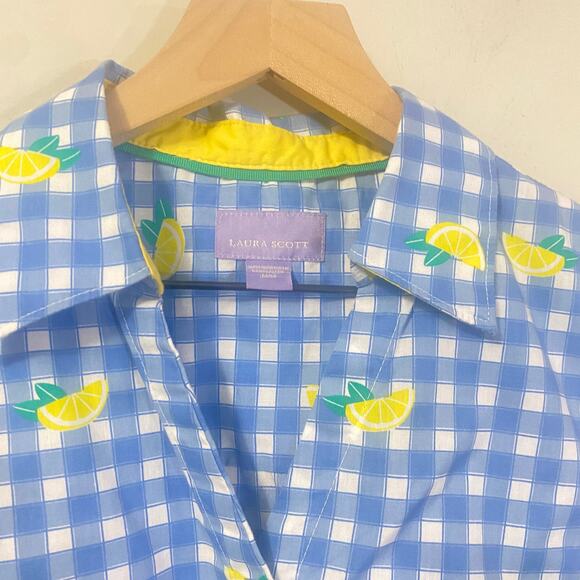 Laura Scott Blue White Gingham Button Down Blouse Lemon Print Sleeveless Sz M - Picture 4 of 9